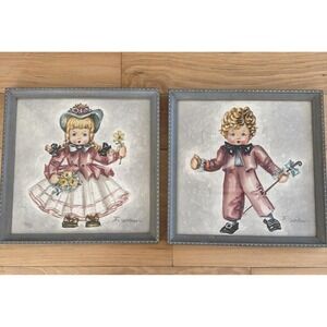 Vintage Mid Century Child Watercolor Paintings Signed F. Gardener Matched Pair